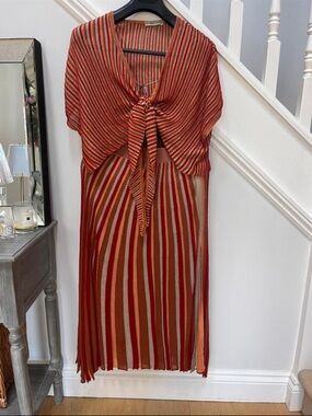 Zara Rust-Striped Tie-Front top Midi Skirt